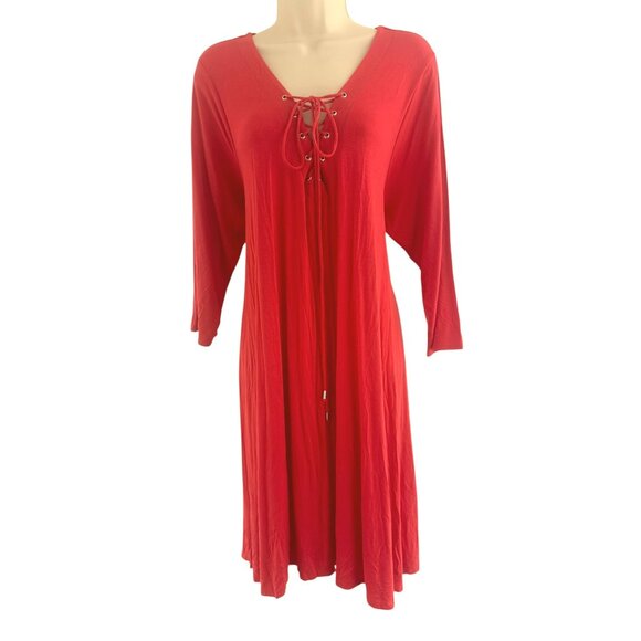 Boutique Coral Soft Knit Lace-Up Neckline Swing Dress Size 1X Plus Spring Summer - Picture 1 of 6